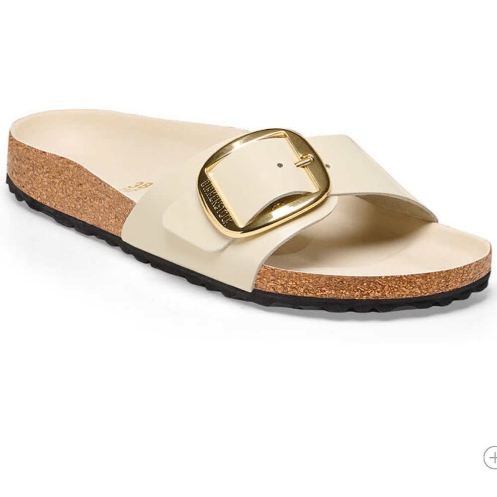 NWT Birkenstock Madrid High Shine Ecru Big Buckle Gold Beige Sandals - Picture 6 of 15